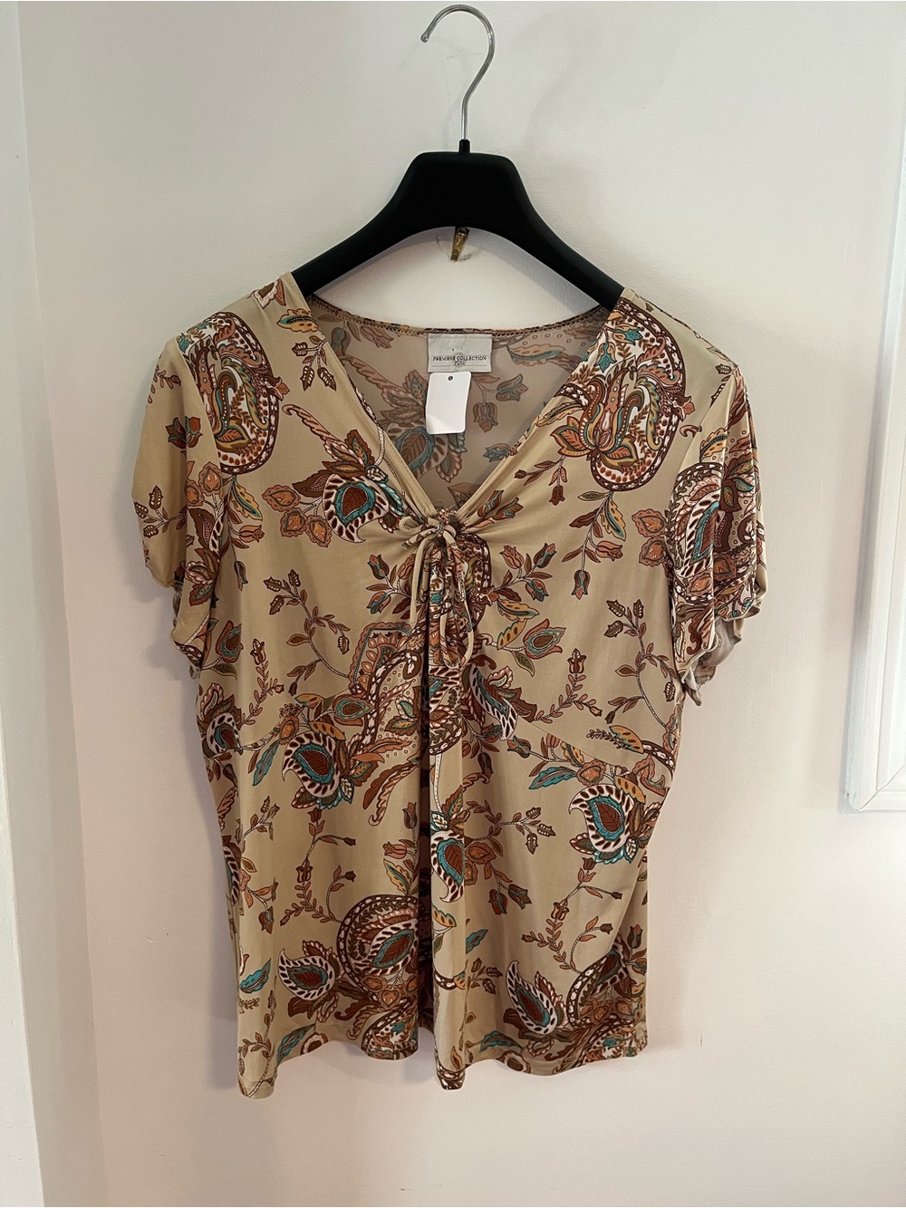 Y2K Tan Paisley Tie-Neck Short Sleeve Top Size Large